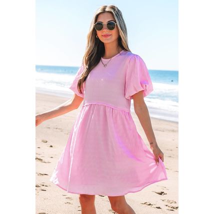Bonbon Textured Bubble Sleeve High Waist Mini Dress