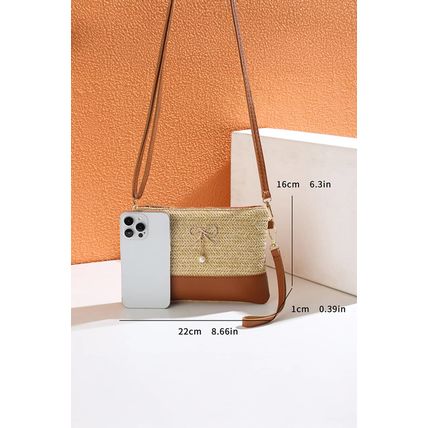 Beige Bow Pearl Decor Straw PU Leather Patched Crossbody Bag