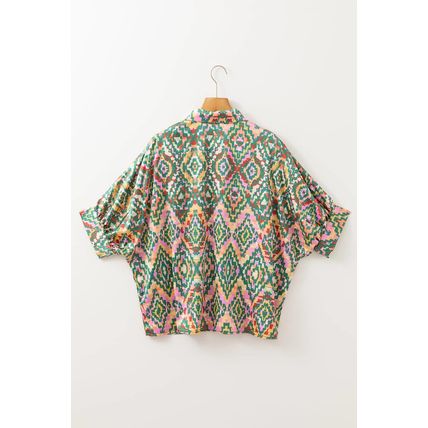Dark Green Abstract Print Half Sleeve Button up Loose Shirt