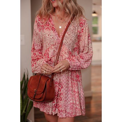 Pink Bohemian Floral Print Tassel Tie Long Sleeve Flowy Mini Dress