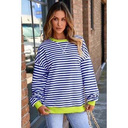 Sky Blue Stripe Striped Contrast Ribbed Trim Drop Shoulder Baggy Sweatshirt