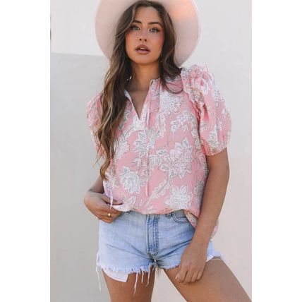 Pink Floral Print Drawstring V Neck Puff Sleeve Loose Blouse