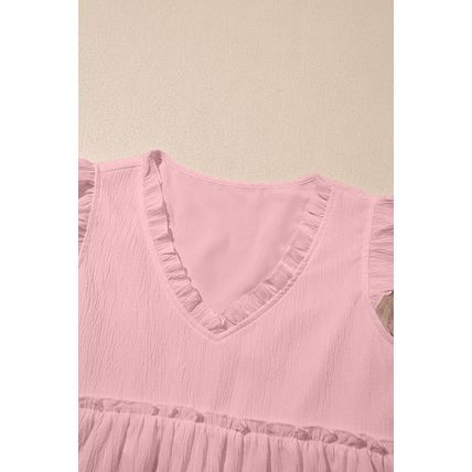 Light Pink Textured Ruffled Trim V Neck Flutter Flowy Top