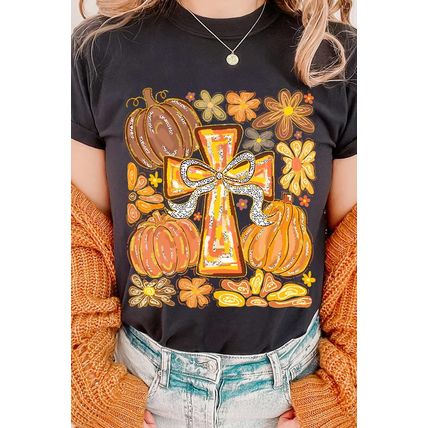 Black Thanksgiving Pray Cross Pumpkin Graphic Cotton Blend Tee