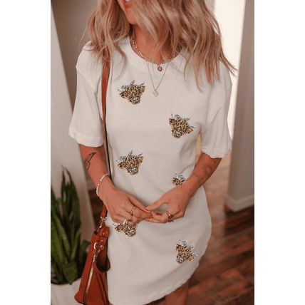 White Cute Heifer Patched Crewneck Shift T Shirt Dress