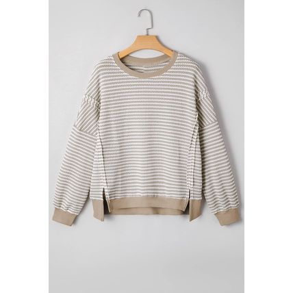 Brown Stripe Ribbed Trim Drop Shoulder Long Sleeve Oversize Top