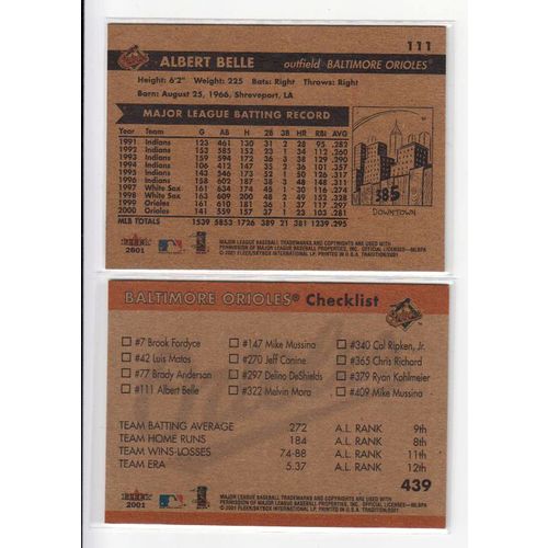 TWO 2001 Fleer Tradition Albert Belle cards #111, #439 Orioles checklist