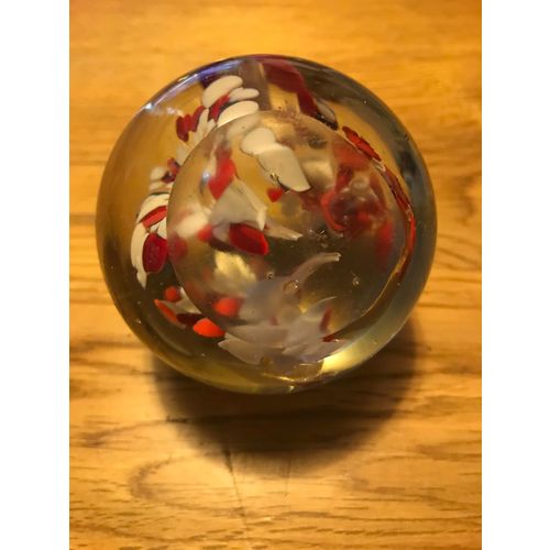 Glass Paper Weight with Red and White Flowers