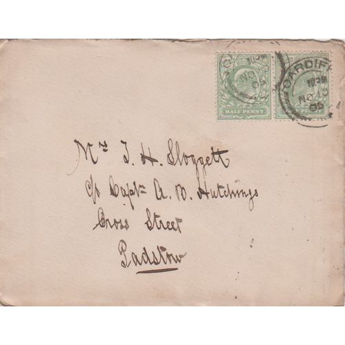 GB 1905 cover Cardiff to Padstow with nice pair EdVII 0.5d greens see others