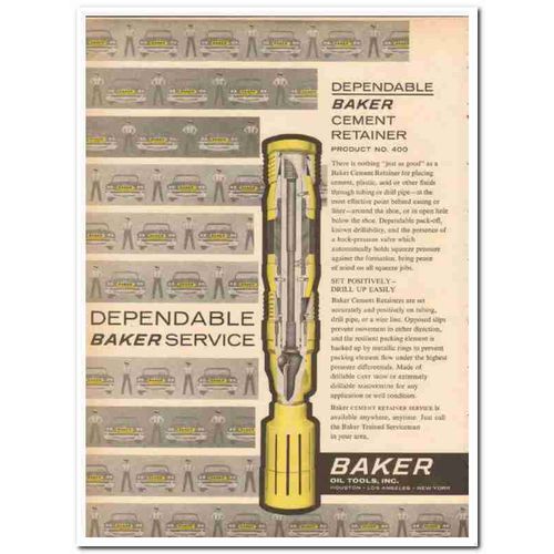 BAKER OIL TOOLS INC 1959 Dependable cement retainer drill vintage ad