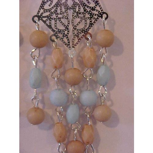 Aqua Chandelier Earrings Beaded Fringe Silver Stencil Scroll Pierced 4-1/4"