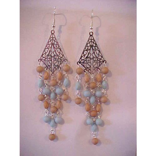 Aqua Chandelier Earrings Beaded Fringe Silver Stencil Scroll Pierced 4-1/4"