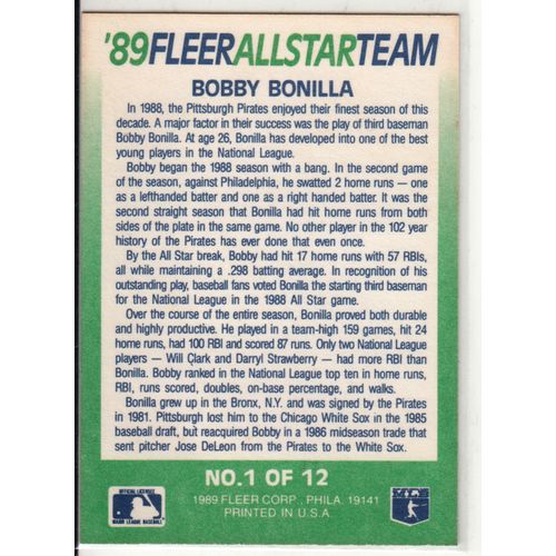 1989 Fleer All Star Team insert baseball card #1 Bobby Bonilla- Pirates