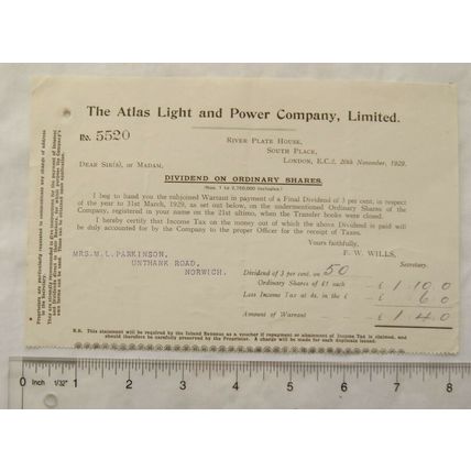 1929 dividend Atlas Light & Power Co, Parkinson, Norwich