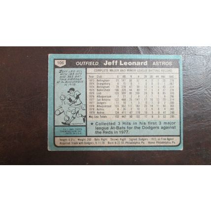 1980 Topps Jeff Leonard Houston Astros Card #106