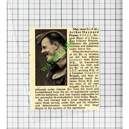 Maj Arthur Hayward Fraser Canadian Infantry World War Two - 1940 SMALL Cutting