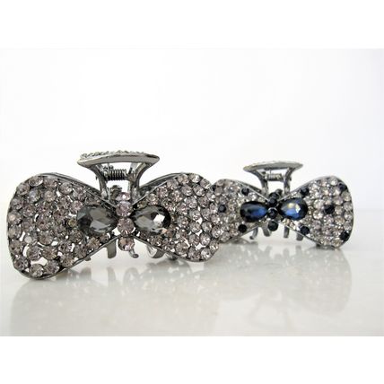 Medium blue or smoke gray crystal bow metal hair claw clip bridal clip