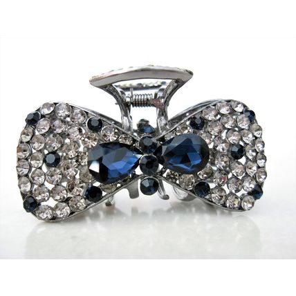 Medium blue or smoke gray crystal bow metal hair claw clip bridal clip