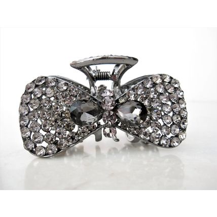 Medium blue or smoke gray crystal bow metal hair claw clip bridal clip