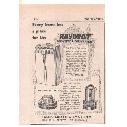 RAYDYOT OIL HEATER by JAMES NEALE LTD of BIRMINGHAM : Original 1956 Advert