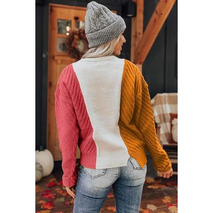 Multicolor Colorblock Textured Drop Shoulder Sweater Red