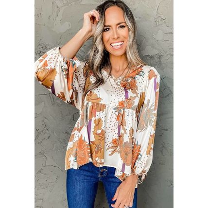 Multicolour Floral Print V Neck Babydoll Blouse