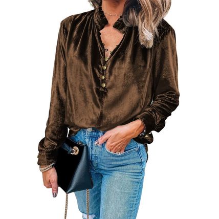 Desert Palm Frilled Neck Buttoned Front Velvet Top