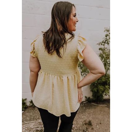 Golden Fleece Plus Size Swiss Dot Lace Trim Split Neck Babydoll Top