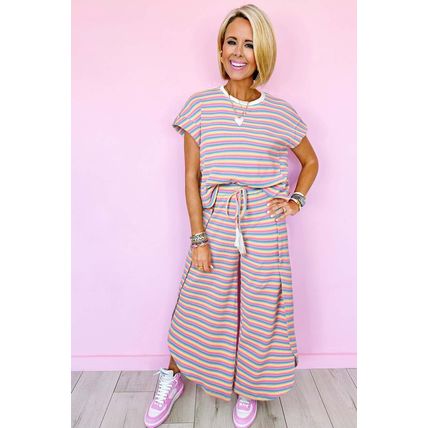 Pink Stripe Rainbow Tee Tasseled String Wide Leg Pants Set