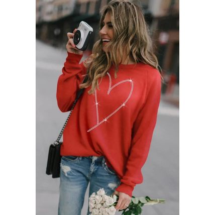 Fiery Red Rhinestone Heart Shaped Long Sleeve Sweatshirt