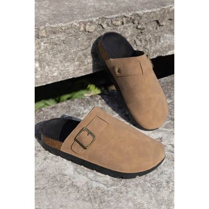 Light French Beige Suede Buckle Detail Slippers