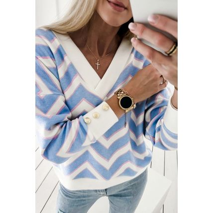 Sky Blue Zigzag Striped Print V Neck Oversized Top