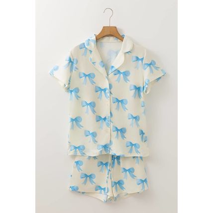 Yellow Bow Printed Short Sleeve Shirt Shorts Pajama Set