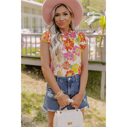 Multicolor Stand Collar Flutter Sleeves Floral Top