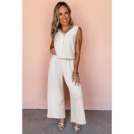 Apricot Buttoned V Neck Tank Top and Wide Leg Pants Casual Outfit