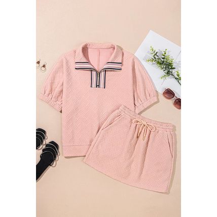 Light Pink Striped Collared Zip up Textured Skirt Set
