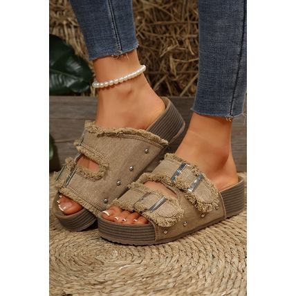 Pale Khaki Double Buckle Straps Hollow Out Frayed Detial Retro Slippers