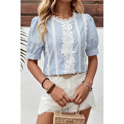 Sky Blue Stripe Floral Lace Splicing Puff Sleeve Blouse