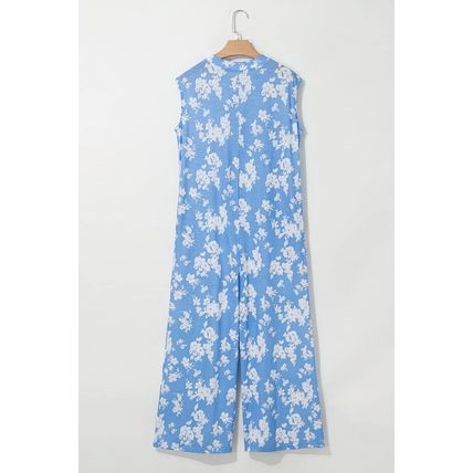 Myosotis Floral Print Half Button Wide Leg Relaxed Sleeveless Jumpsuit