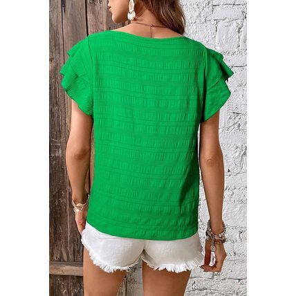 Dark Green Textured Ruffled Sleeve Round Neck Top