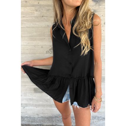 Black Sleeveless Buttoned Front Ruffle Hem Tunic Shirt