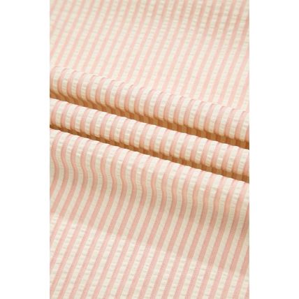 Pink Stripe Bow Knot Cuff Pearl Embellished Puff Sleeve V Neck Blouse