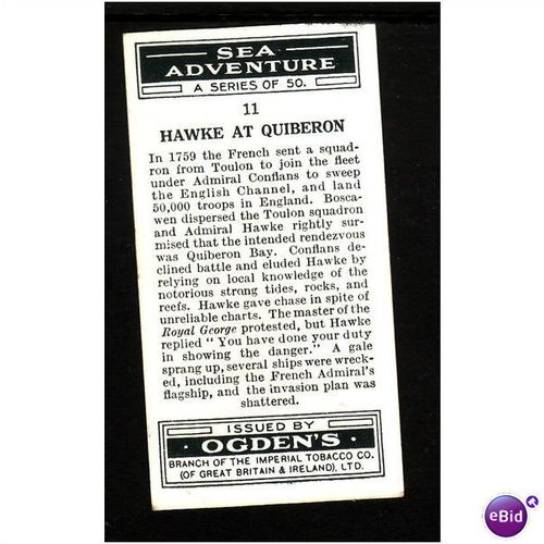 Ogden's Cigarette Card 1939 Sea Adventure No 11 Hawke at Quiberon Fine Mint
