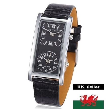 Long Black Dual Time Face Stainless Steel Back Black Leather Strap Watch