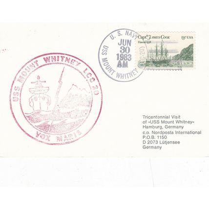USS Mount Whitney 1983 to Lutjensee Germany Prepaid Postcard VGC