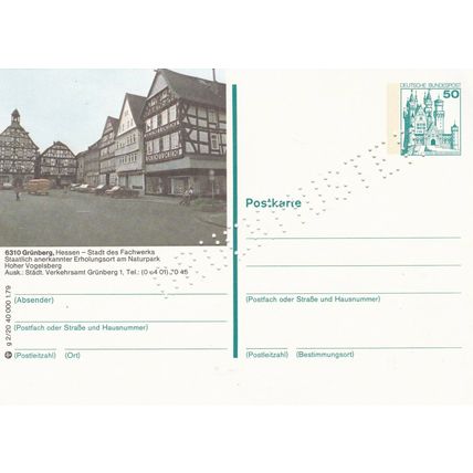 Germany Grunberg 50pf Postal Card Druckmunster Perforate Unused VGC