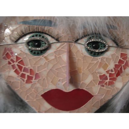 Glitzy FEMALE FACE Wood Base Glass Sculpture Mosaic Hanging Wall Decoration OOAK