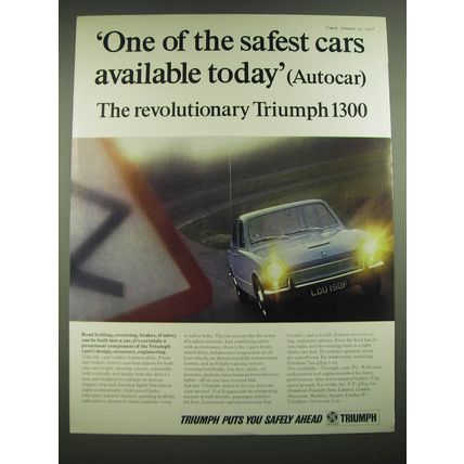 1968 Triumph 1300 Car Ad - One of the safest cars available today