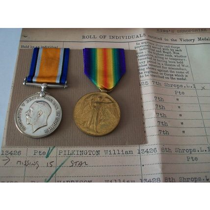 WW1 War and Victory Pair Medals William Pilkington 8th Shropshire Light Infantry