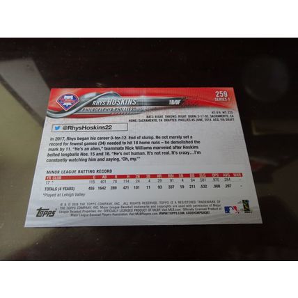 2018 Topps Card # 259 Rhys Hoskins Near Mint (7) Philadelphia Phillies (AA)